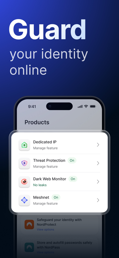 NordVPN mobile app interface showing threat protection and dark web monitoring tools