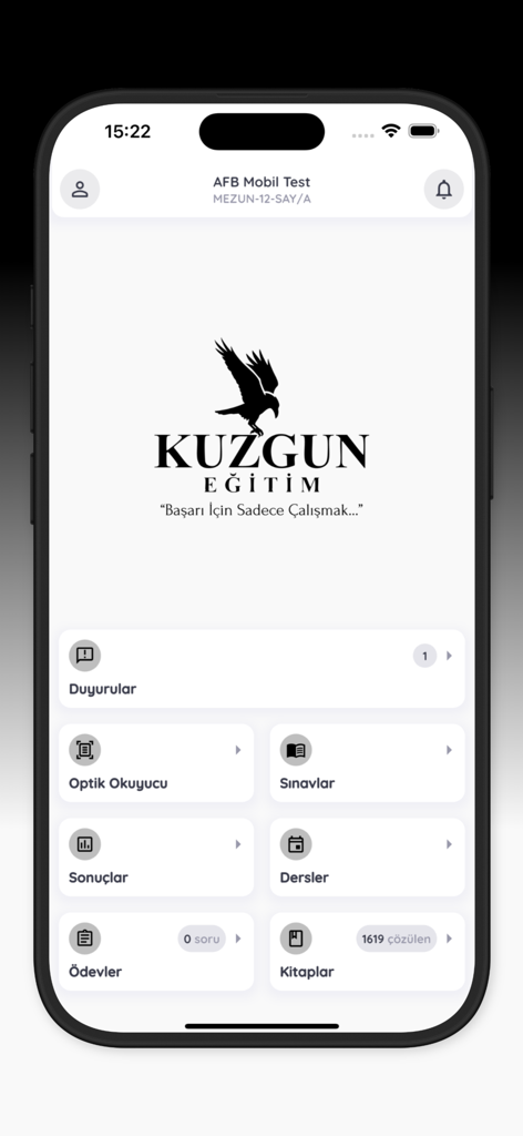 Kuzgun Eğitim - Kuzgun Egitim mobile app home screen showing dashboard with exam and study management tools.