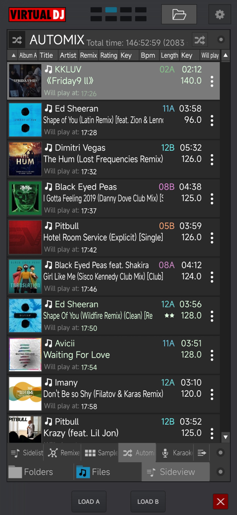 VirtualDJ Remote - VirtualDJ Remote app interface showing the Automix playlist and track list