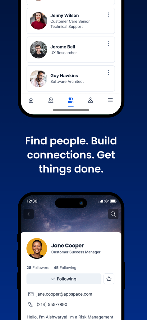 Appspace - Interface of the Appspace app displaying an employee directory and a specific user profile for workplace connection.