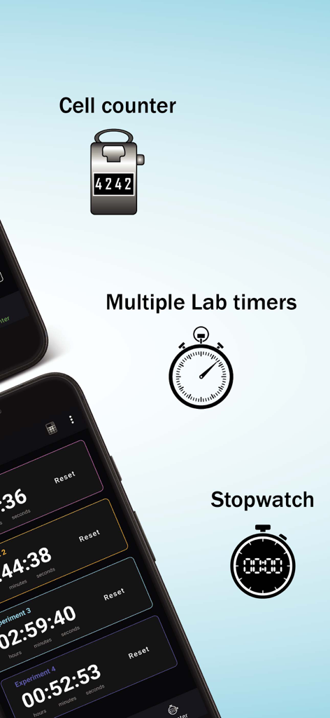 Lab.Hacks - Lab.Hacks app interface showing multiple laboratory timers and a cell counter feature