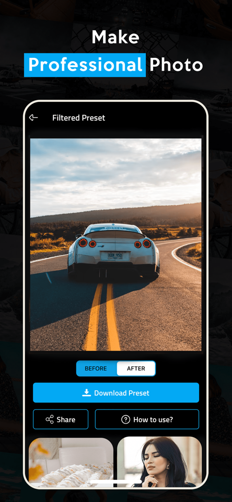 Filtra - Preset for Lightroom - A screenshot of the Filtra app showing a professional photo preset applied to a car driving on a road at sunset.