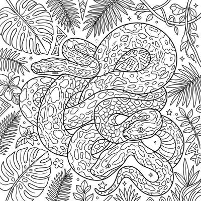 Embark on an artistic journey with this captivating coloring page featuring two majestic constrictor snakes. Designed with intricate details and a vibrant jungle setting, it's perfect for teens seeking a creative challenge.