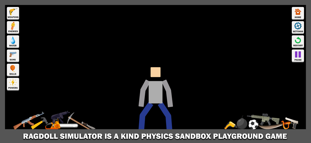 Ragdoll Simulator - Pantalla del juego Ragdoll Simulator mostrando un personaje rodeado de armas y objetos