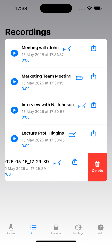 A screen showing a list of professional voice recordings in the Secure Voice Recorder app with options to play share and delete.