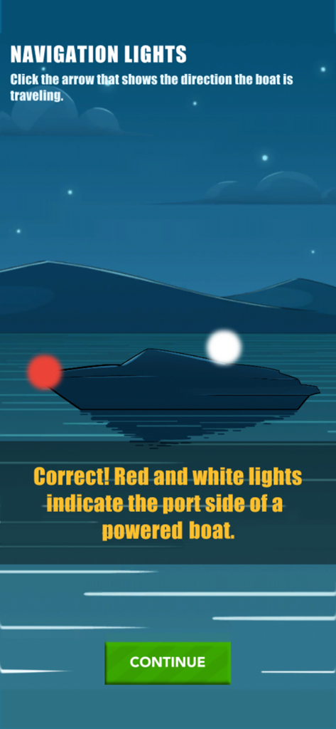 ilearntoboat - Educational screen from the ilearntoboat app teaching about navigation lights on the port side of a boat