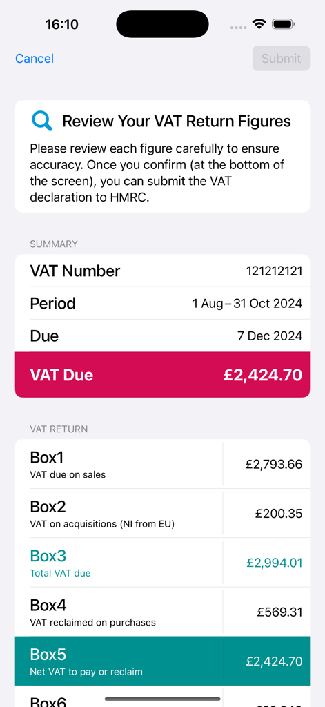 Review screen showing VAT return figures for HMRC MTD submission