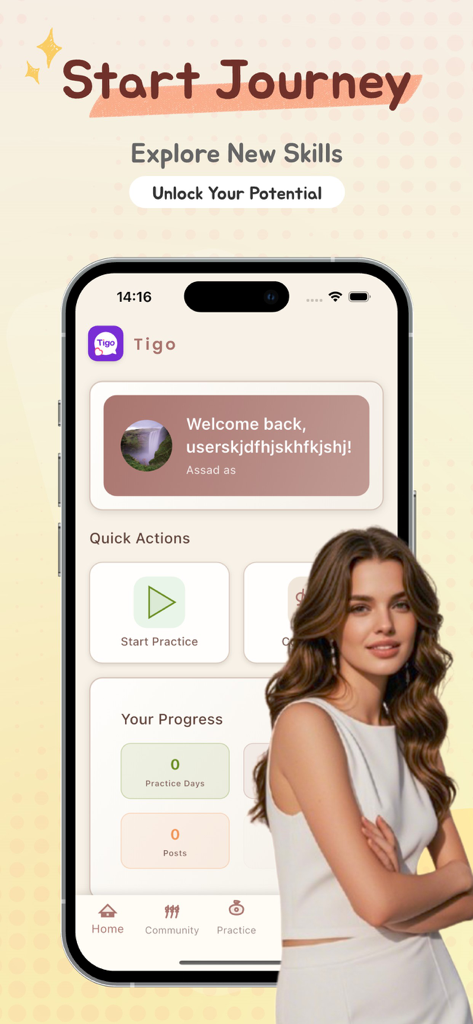 Tigo -  Connect, Play, Grow - Interfaccia dell'app Tigo per chitarra che mostra strumenti di pratica e il monitoraggio dei progressi dell'utente