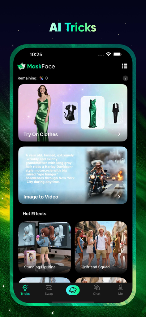 MaskFace app home screen showing AI features for virtual clothes try on and image to video generation