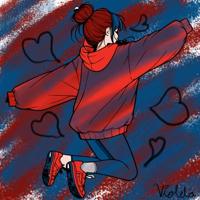realistic girl jumping with a bun and oversized sweatshirt