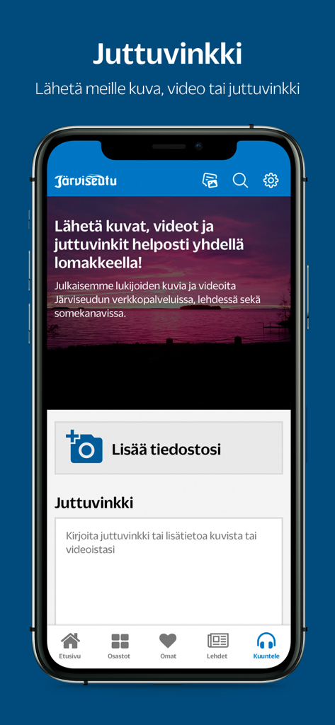Järviseutu - Interface of the Järviseutu mobile app showing a form to submit news tips including image and video uploads