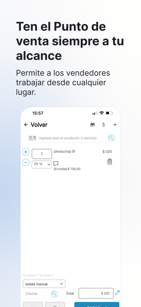 Interfaz de punto de venta de la app móvil Bsale mostrando una pantalla de transacción de producto en español.