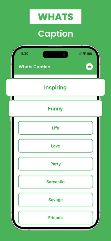 GB Web Latest Version - Schermata di un'app mobile che mostra un menu di categorie di didascalie per lo stato di WhatsApp, tra cui Ispirazione, Divertente e Spietato