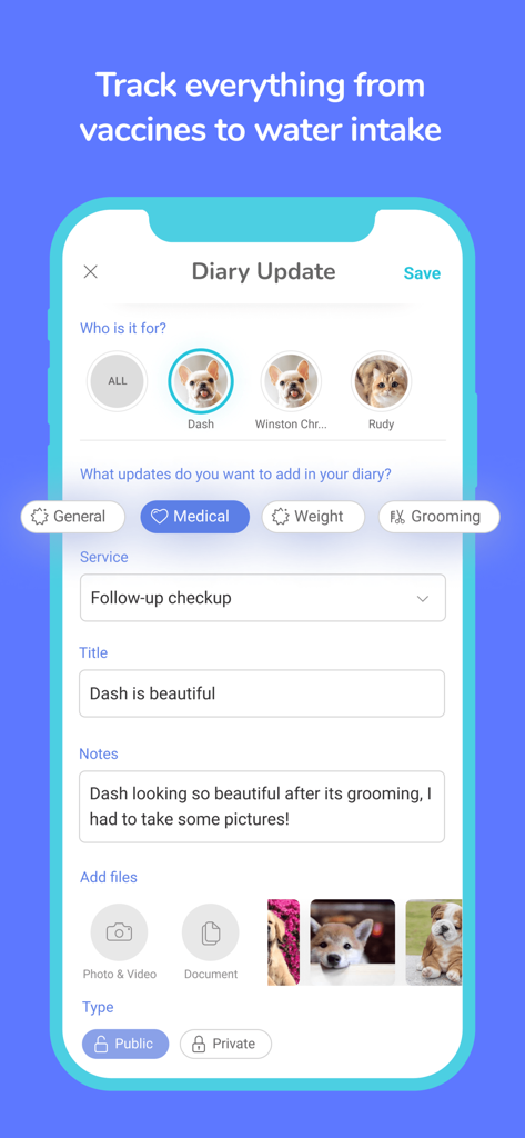 Digitail - Smarter Pet Care - Digitailアプリの画面には、写真付きでペットの健康記録と毎日のアクティビティを追跡するための機能があります