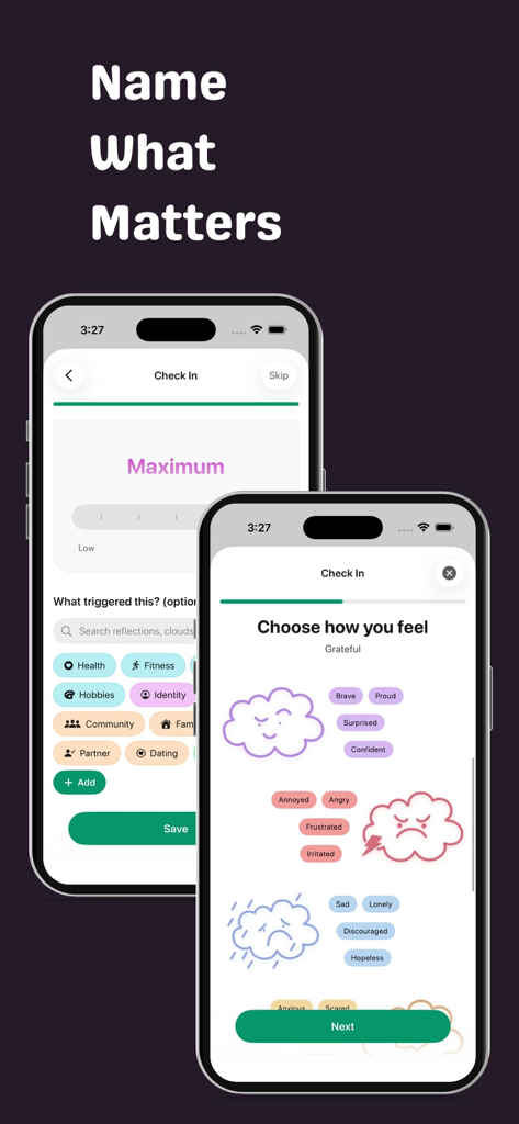 Emotica: Mood Tracker & Diary - Two iPhone screens of the Emotica app showing the mood check-in process with mental clouds and emotional trigger categories.