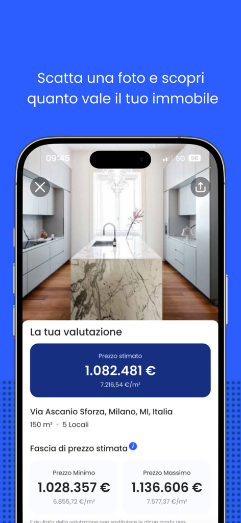 Wikicasa - Cerca e vendi casa - Wikicasa mobile app interface showing an AI property valuation with an estimated market price for an apartment in Milan