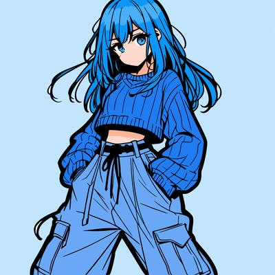 anime teen girl with baggy pants and crop top with sweater