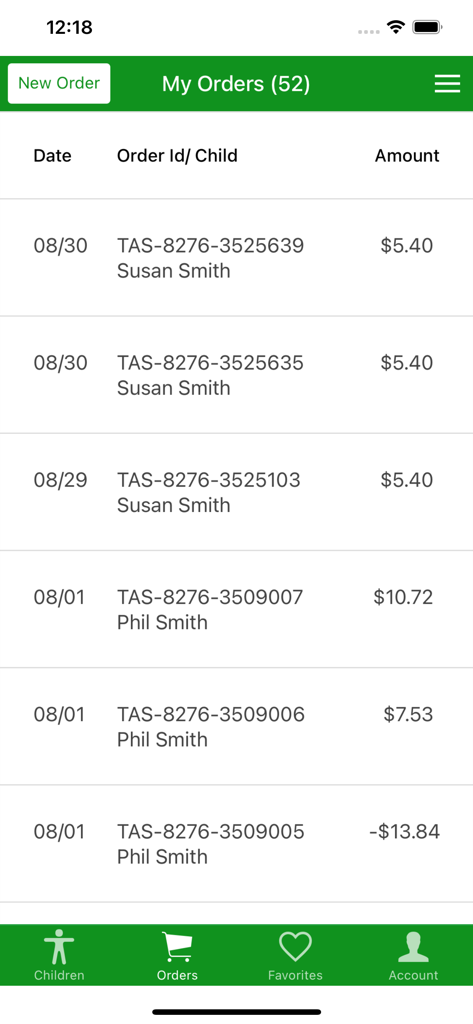 SchoolBitez - Mobile app screen showing a list of school lunch orders with dates, children names, and prices.