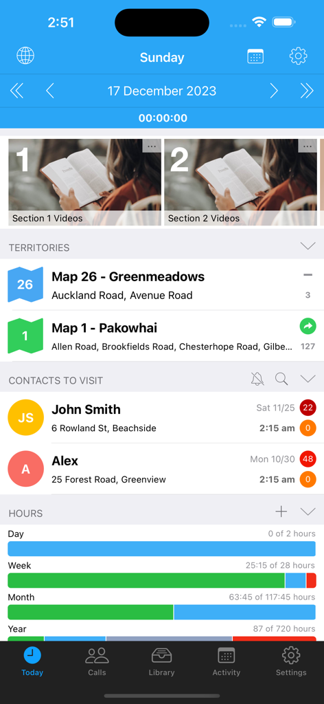 ServicePlanner app Today screen displaying ministry territories, scheduled contact visits, and service hour progress bars.