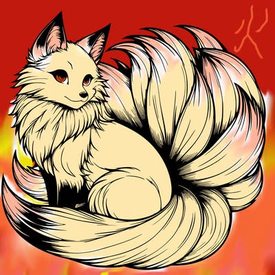 realistic detailed 9 tailed anime fox