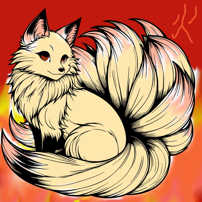 realistic detailed 9 tailed anime fox