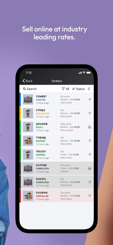 n8: Create. Sell. Refresh. - Mobiler Bildschirm mit der n8 App-Bestellliste mit Zahlungs- und Versandstatus
