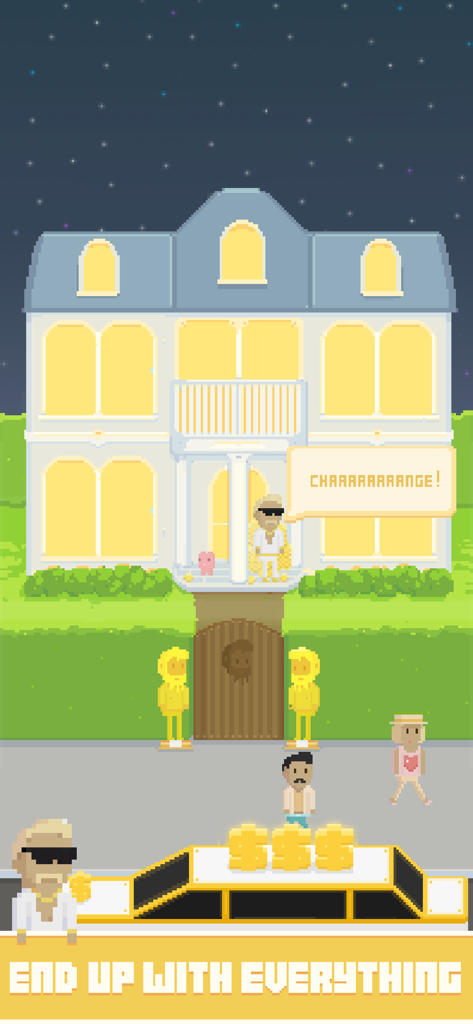 Virtual Beggar - 픽셀 아트 캐릭터가 큰 흰색 저택과 금색 리무진 앞에 서 있는 모습