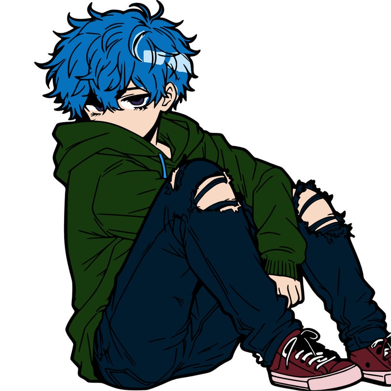 a male hoddie ripped jeans messy hair anime