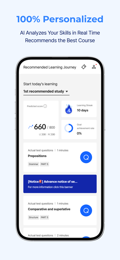 Santa - AI TOEIC - Painel do aplicativo móvel Santa IA TOEIC mostrando uma jornada de aprendizado personalizada e pontuação prevista