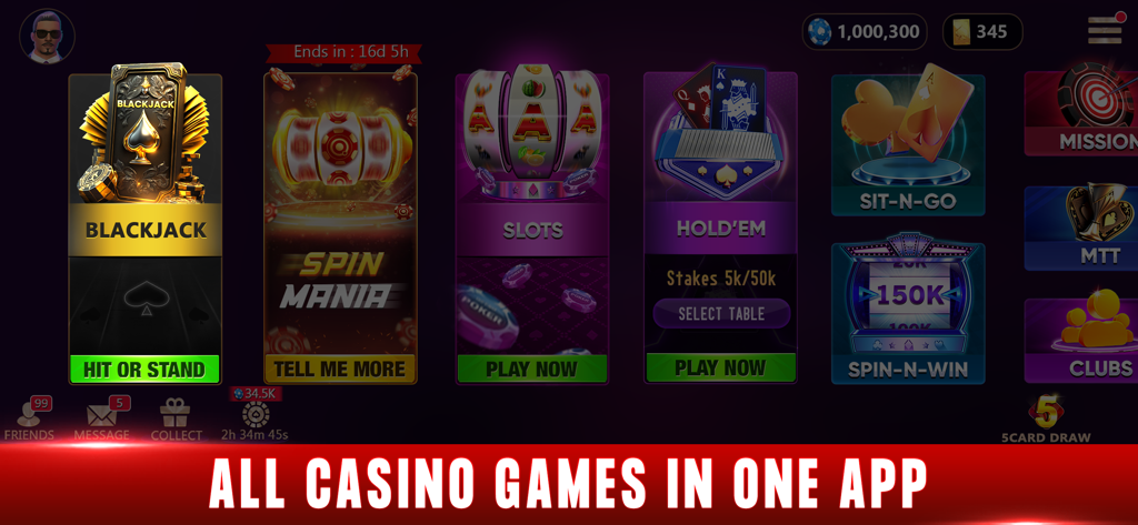 Blackjack 21: Octro Black jack - El vestíbulo del juego Octro Blackjack 21 mostrando varios modos de juego, incluyendo tragamonedas de blackjack y póker Texas Hold'em