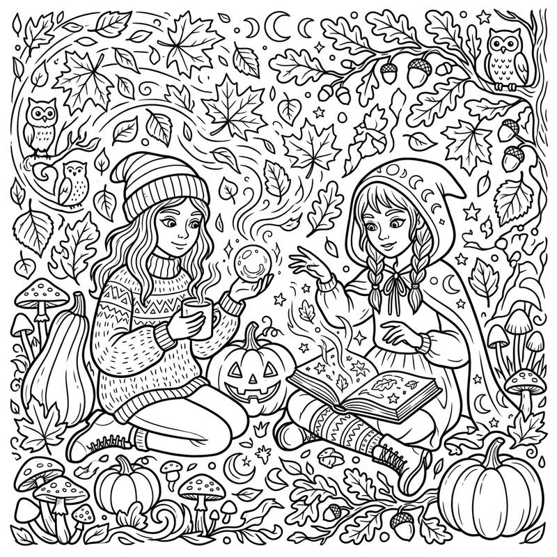 Dive into an enchanting autumn scene featuring two young witches discovering fall magic. This intricate coloring page is perfect for conjuring cozy, creative vibes this season.