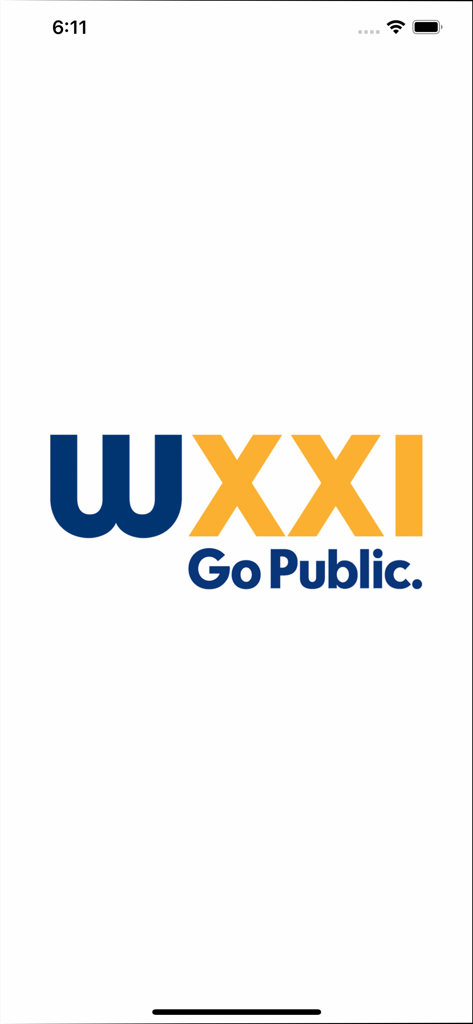 WXXI Public Media App - WXXI Public Media app splash screen featuring the station logo and Go Public slogan