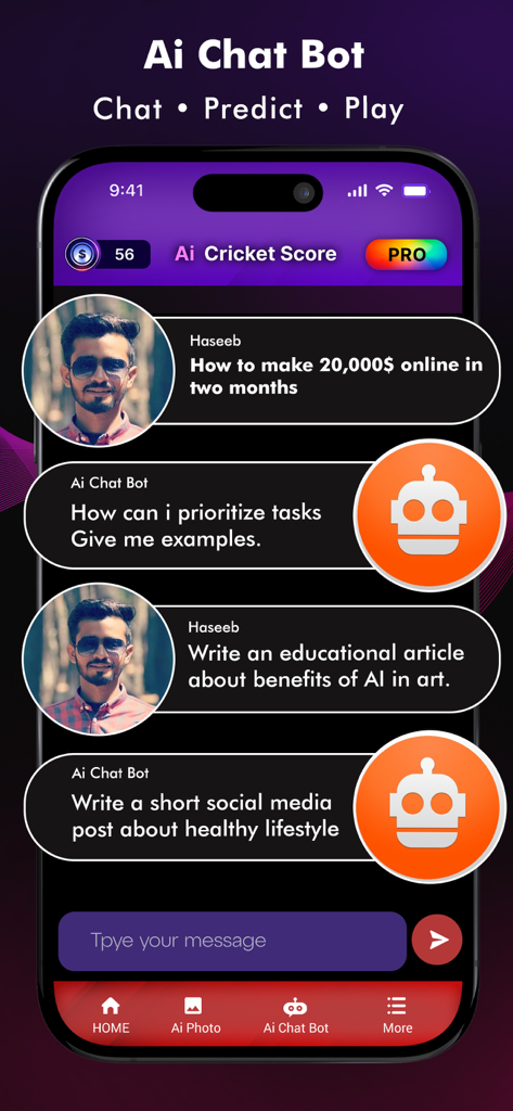 PTV Live Sports Cricket HD - Smartphone screen displaying the AI Chat Bot interface for the Criko AI cricket app