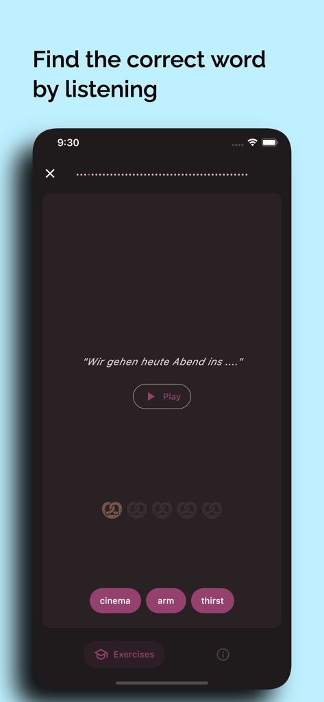 Interfaz de la aplicación de alemán A1 que muestra un ejercicio de comprensión auditiva para la preparación del examen
