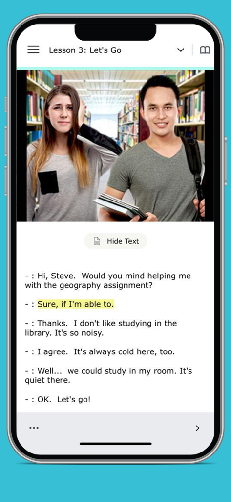 English Discoveries mobile app screen showing an English conversation lesson between two students.