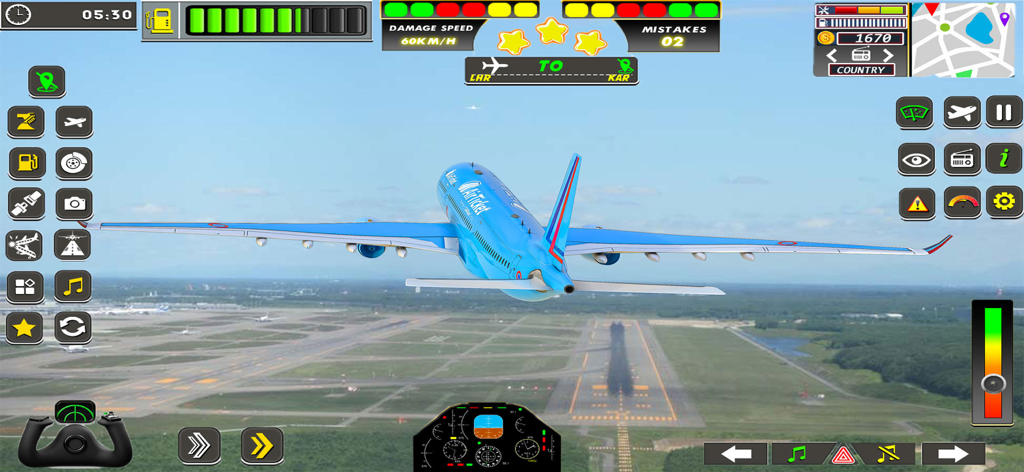 Sky Route Missions - A blue commercial airplane flying over an airport runway with a flight simulation interface.