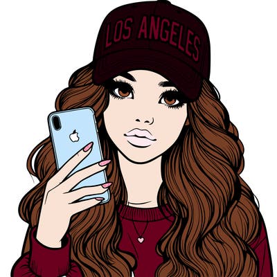realistic beautiful girl wearing los ángeles cap holding an iphone