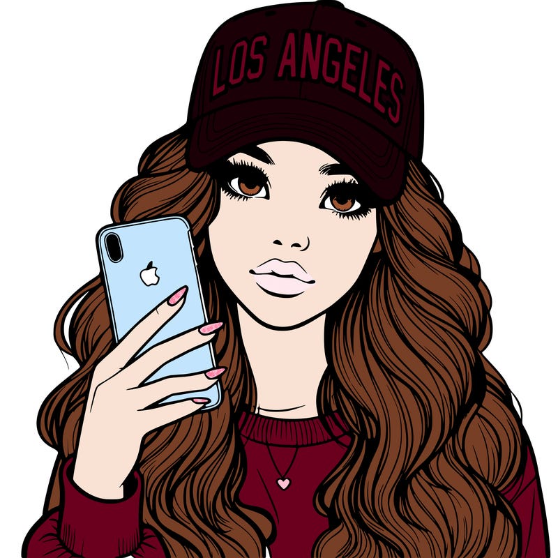realistic beautiful girl wearing los ángeles cap holding an iphone