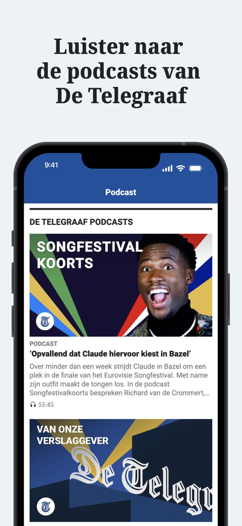 Sección de podcasts de la aplicación de noticias De Telegraaf que muestra programas de audio holandeses disponibles