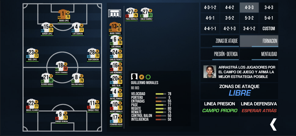 Tactical formation and team lineup screen in F11 Football Manager