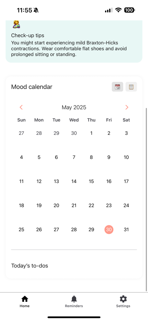 MamaNest - MamaNest app interface showing a monthly mood calendar and pregnancy check-up tips
