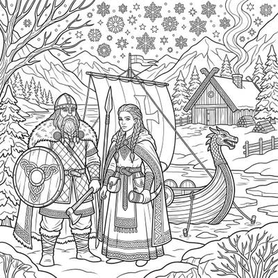 Step into a frosty Norse legend with this captivating Viking coloring page. Immerse yourself in a detailed winter scene featuring brave warriors, a longship, and a snow-covered village, perfect for creative exploration.