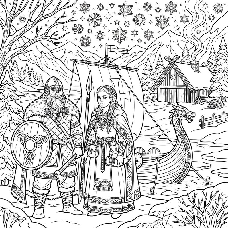 Step into a frosty Norse legend with this captivating Viking coloring page. Immerse yourself in a detailed winter scene featuring brave warriors, a longship, and a snow-covered village, perfect for creative exploration.