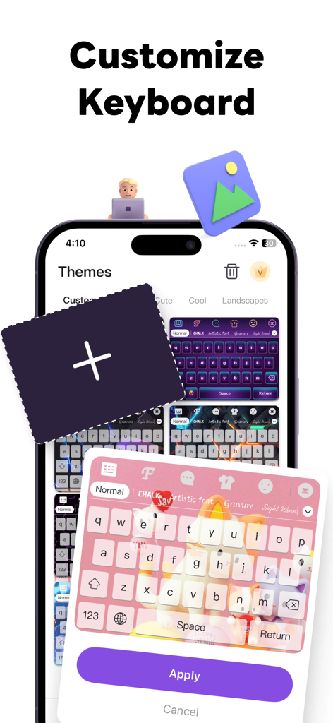 Interfaz para personalizar temas de teclado de iPhone con diseños y fuentes estéticas