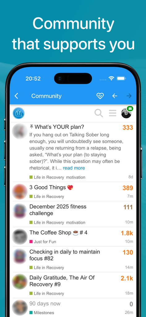 Interface do aplicativo Sober Time mostrando um fórum comunitário vibrante com tópicos de discussão sobre recuperação e motivação