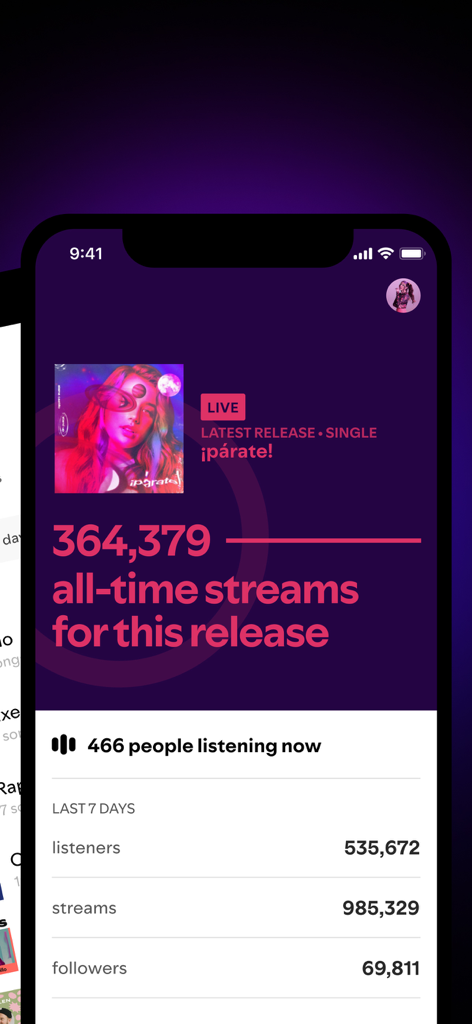 Spotify for Artists mobile app dashboard showing real-time listener data and stream analytics for a music release