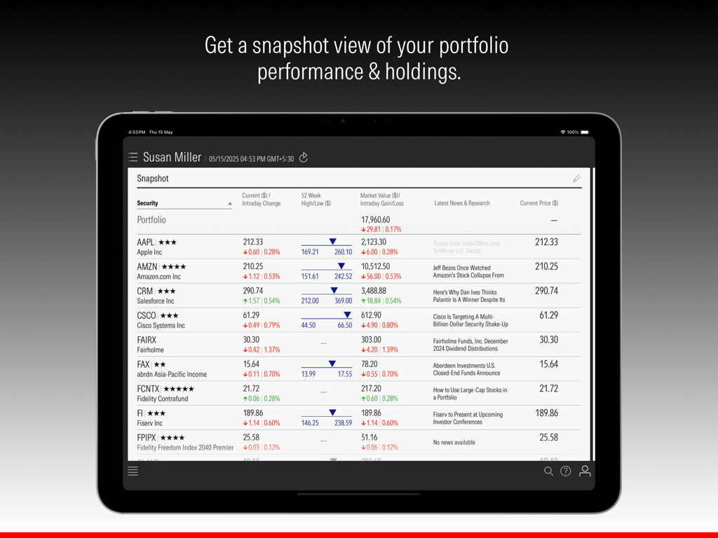 Morningstar iPad app showing a snapshot view of portfolio performance and stock holdings.