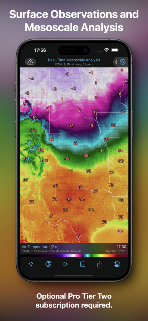 RadarScope app showing real-time mesoscale analysis and surface temperature observations