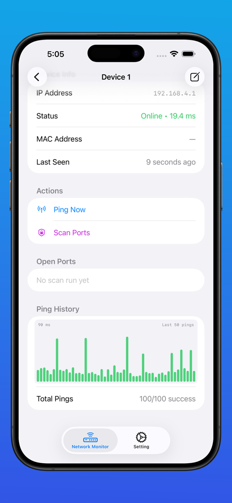 IP Monitoring Tool PingStation - Pantalla de la aplicación PingStation que muestra el estado del dispositivo, la dirección IP, la medición de latencia y el gráfico del historial de ping