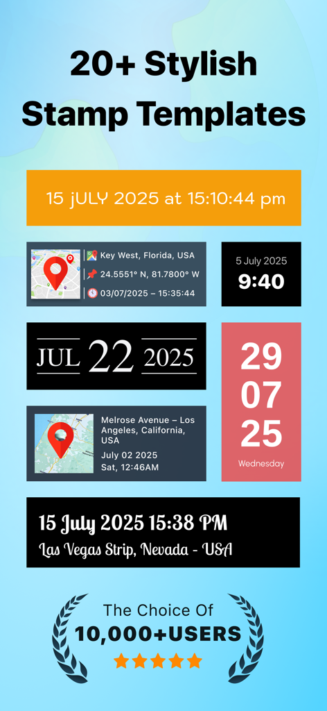 Time Stamp Photos With GPS Map - Una muestra de elegantes plantillas de sellos para fotos con mapas GPS, fechas y marcas de tiempo.